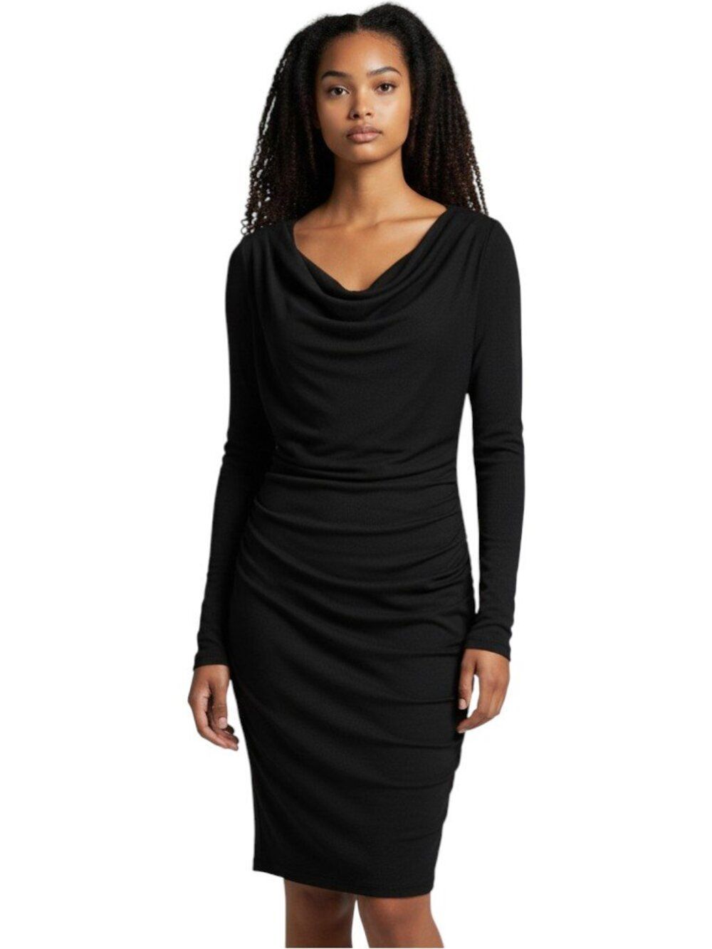 Banana Republic Cowl Neck Ruched Bodycon Dress Black Long Sleeve Small Petite SP